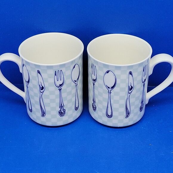 Epoch Indonesia Knife & fork Teal Checkerboard Mugs set of 2 - Picture 3 of 11